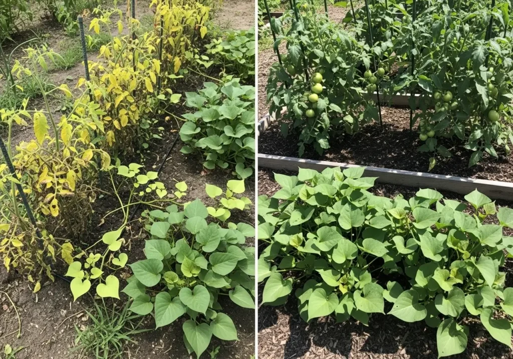Comparison showing sweet potato companion plants thriving versus struggling when planted with incompatible crops