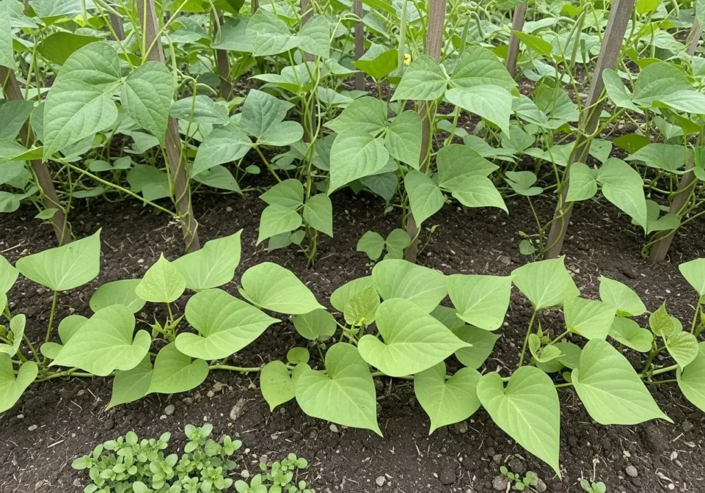 Pole beans growing vertically with sweet potato companion plants spreading horizontally beneath