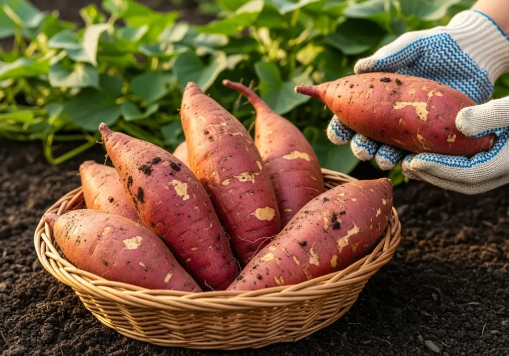 Beauregard sweet potatoes in harvest basket showing best types of sweet potatoes for home gardeners with copper-red skin