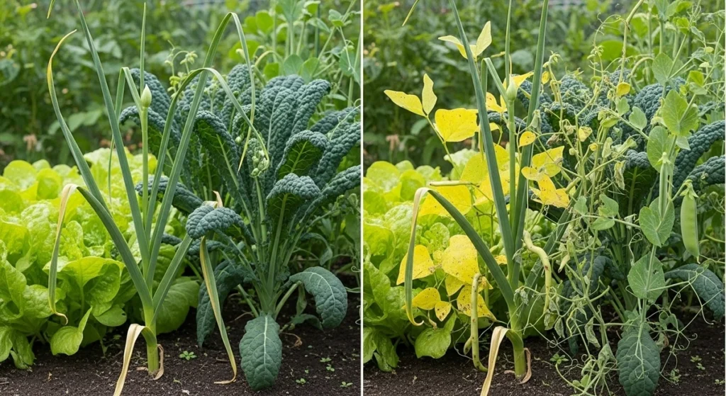 Failed garlic companion plants showing unhealthy beans versus successful garlic plant companions comparison