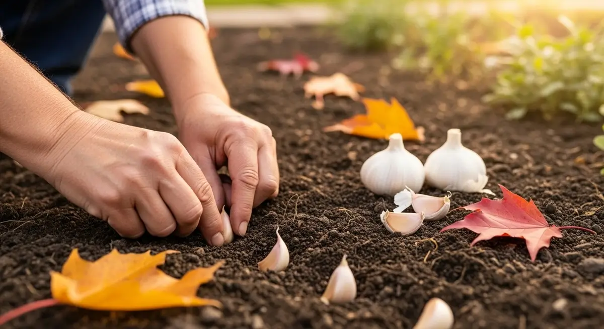 When to plant garlic - gardener hands planting garlic cloves in dark autumn soil with fallen leaves