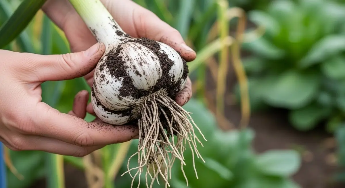 Fertilizing garlic results in freshly harvested garlic bulb held in gardener hands