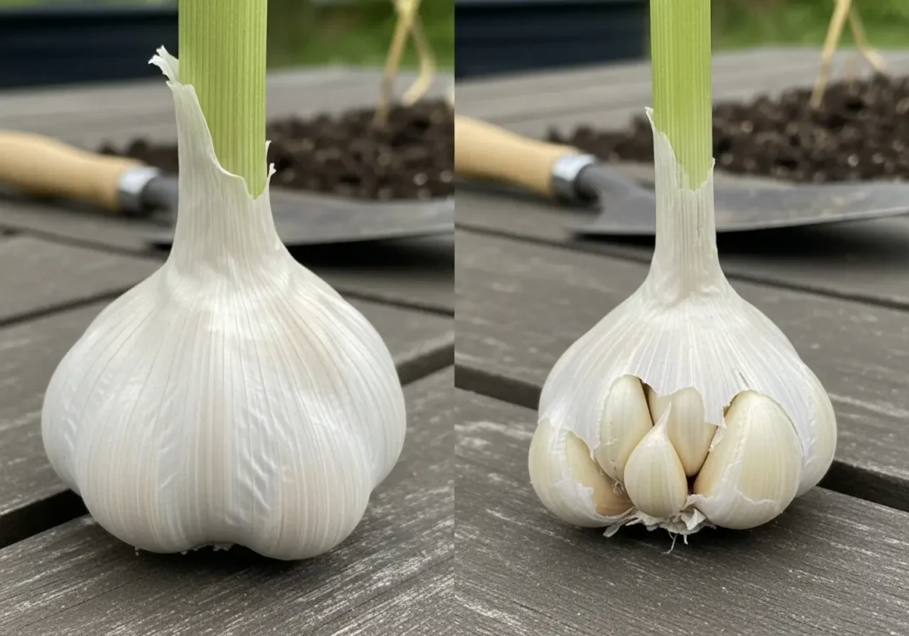 Garlic bulb size comparison showing how proper sunlight requirements affect harvest quality versus shade grown garlic