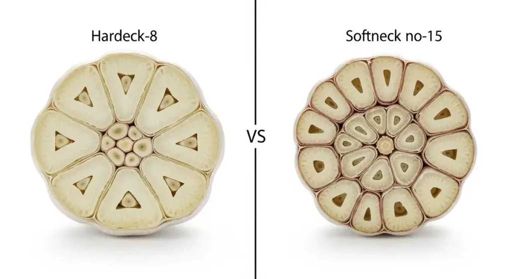 Cross-section comparison showing internal structure differences between types of garlic bulbs