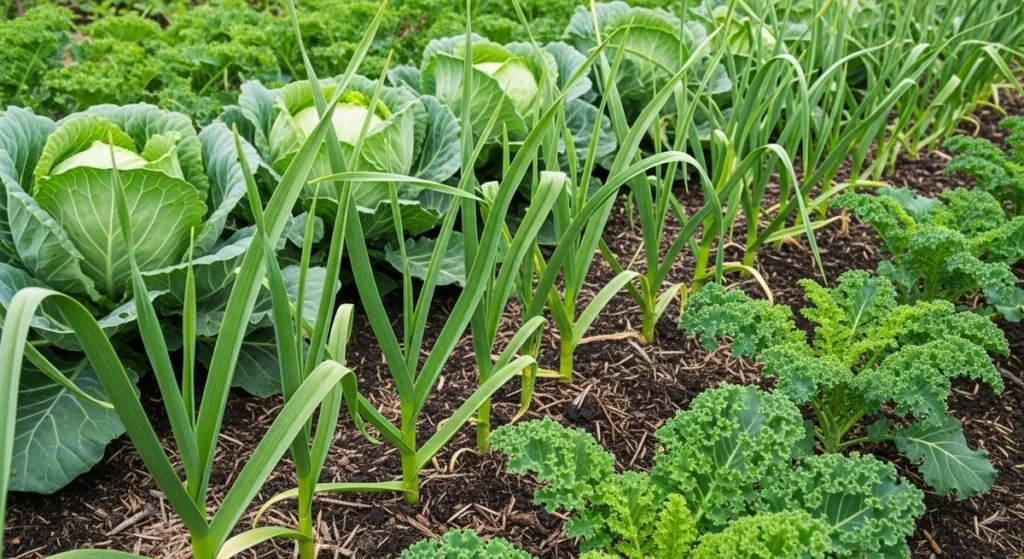 Best garlic companion plants including cabbage and kale growing healthy alongside garlic in garden rows