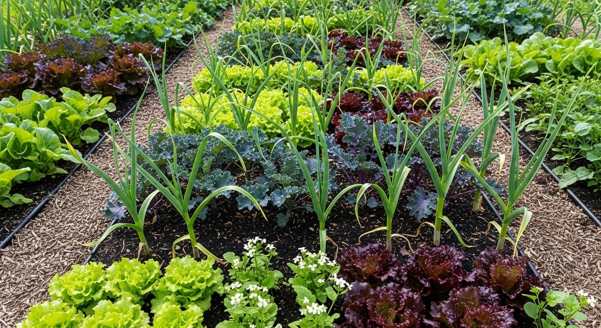 Garlic companion plants growing together in organized vegetable garden bed with lettuce kale and radishes