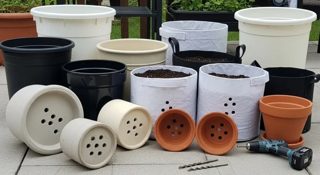 Different container types for growing garlic in containers including plastic pots ceramic and fabric grow bags