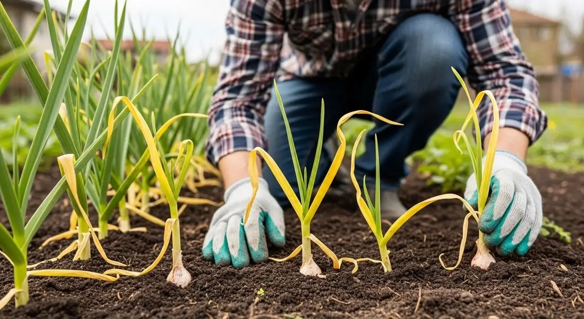 Gardener examining garlic growing problems in vegetable garden with yellowing stunted plants