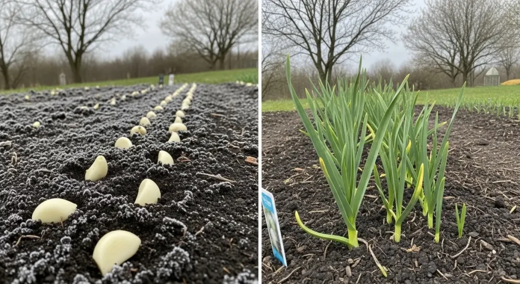 When to plant garlic timing - garlic growth stages from fall planting to spring emergence comparison