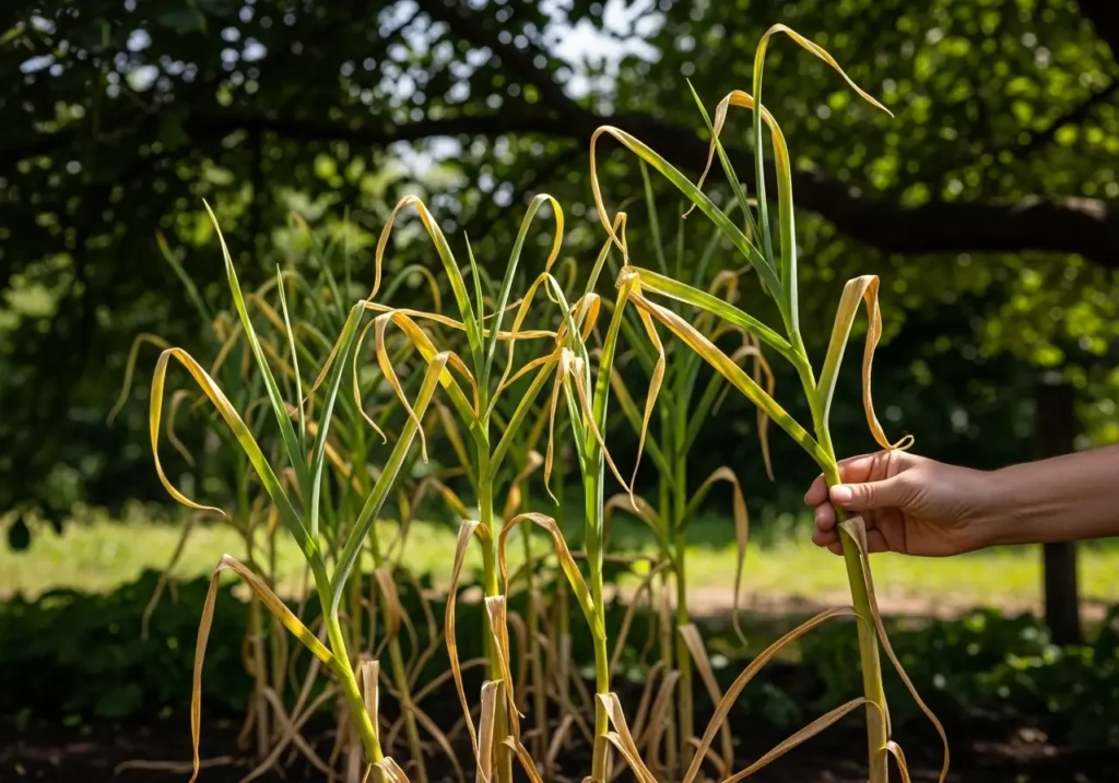 Weak pale garlic plants showing signs of inadequate sunlight requirements not being met in shaded garden