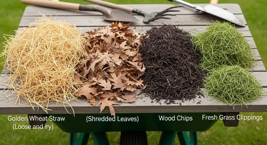 Best mulch materials for mulching garlic for winter including straw leaves and wood chips comparison