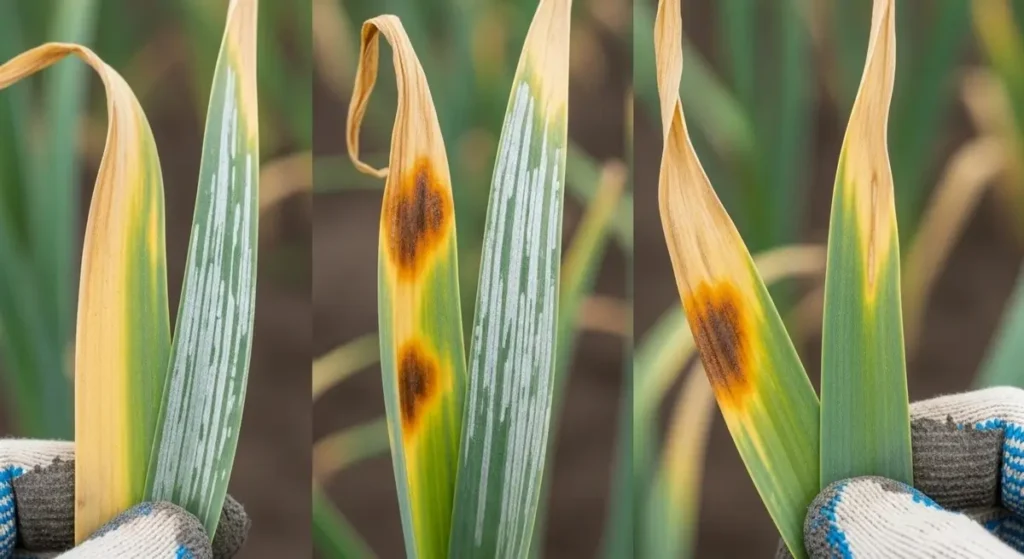 Garlic leaf damage from pests and diseases showing garlic growing problems symptoms