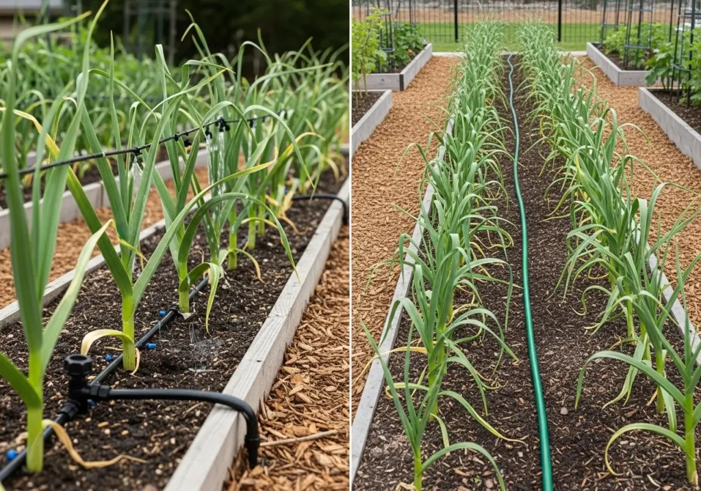 Different methods for watering garlic plants including drip irrigation and soaker hoses