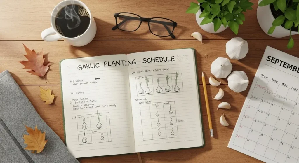 When to plant garlic schedule - open gardening journal with garlic planting calendar planning