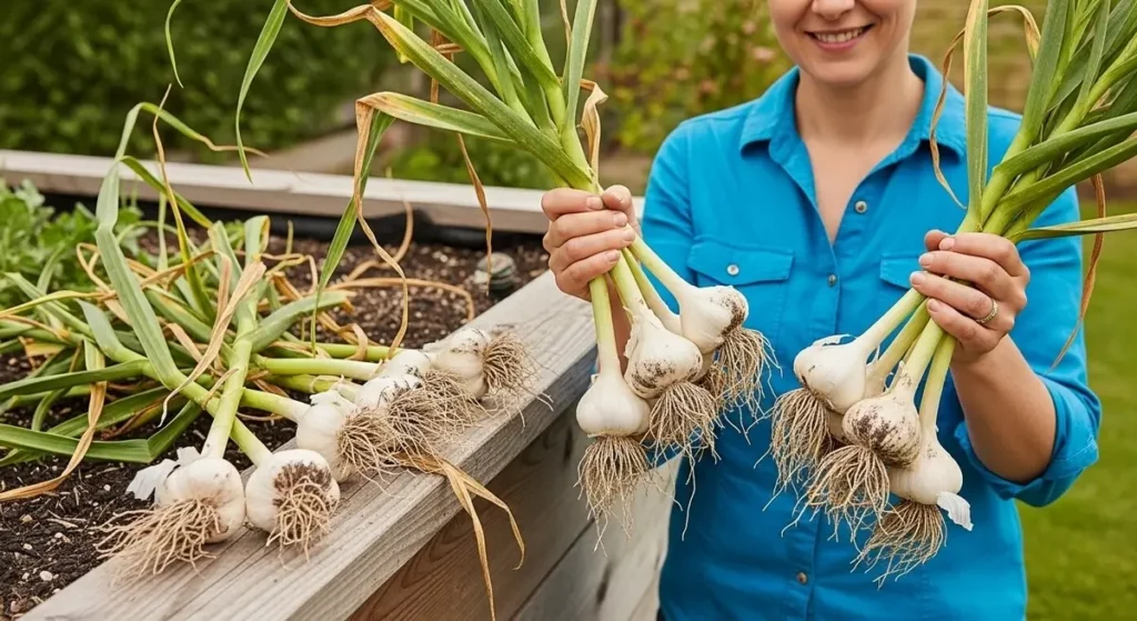 Successful garlic harvest from raised beds showing large healthy bulbs and satisfied gardener