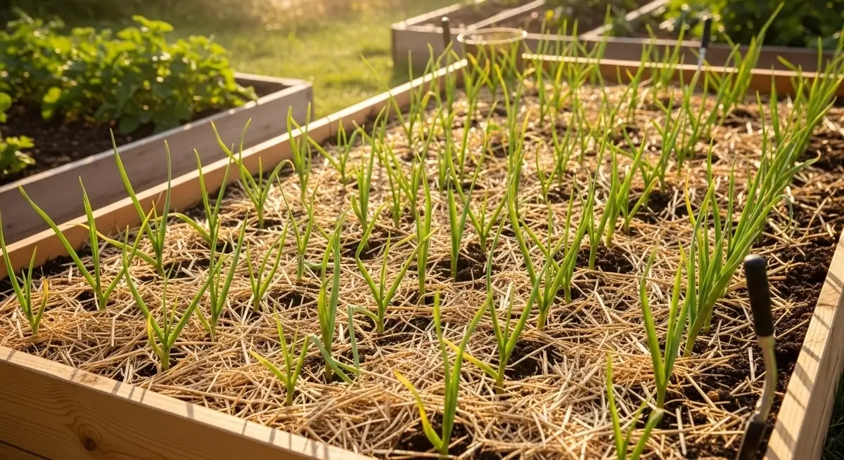 Healthy garlic in raised beds showing proper spacing and growth in home garden