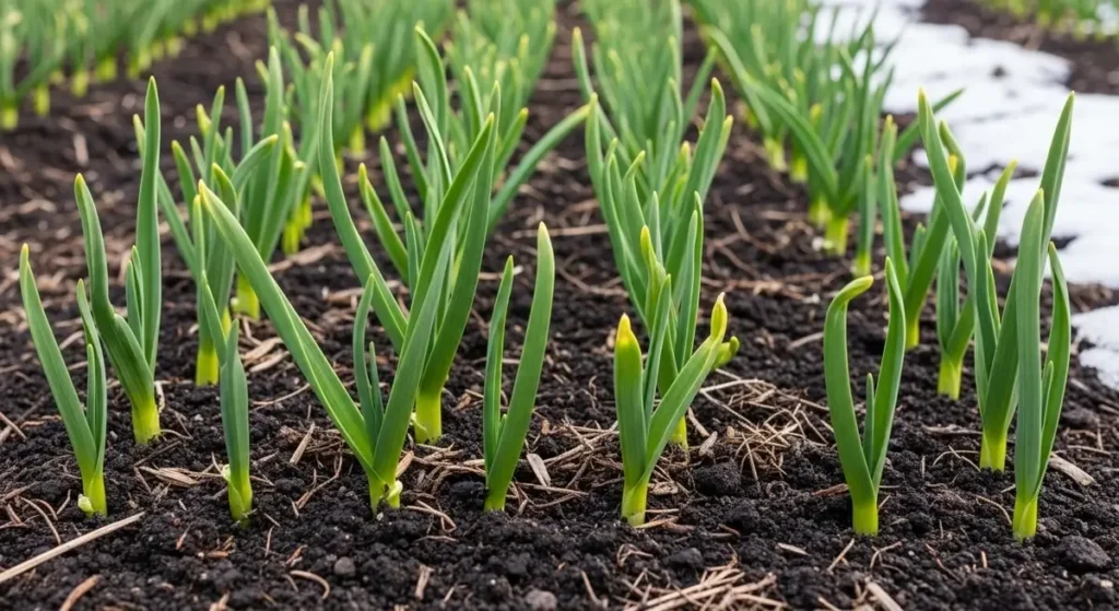 Fertilizing garlic timing shown with green garlic shoots emerging from soil in spring