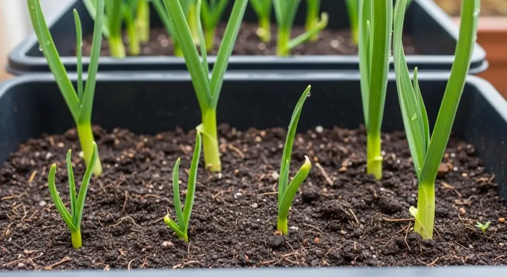 Healthy garlic shoots emerging from containers in spring showing successful growing garlic in containers results