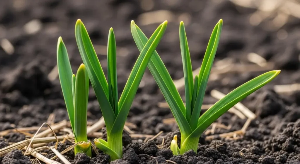 Garlic growth stages spring emergence showing young shoots with flat blade leaves