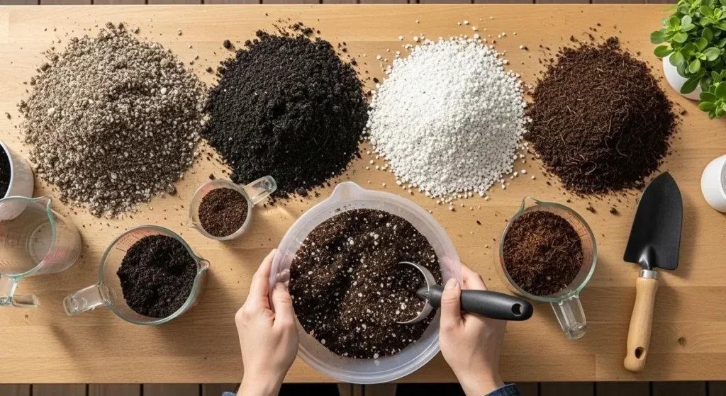 Soil mixing components for container garlic growing including potting soil compost perlite and worm castings