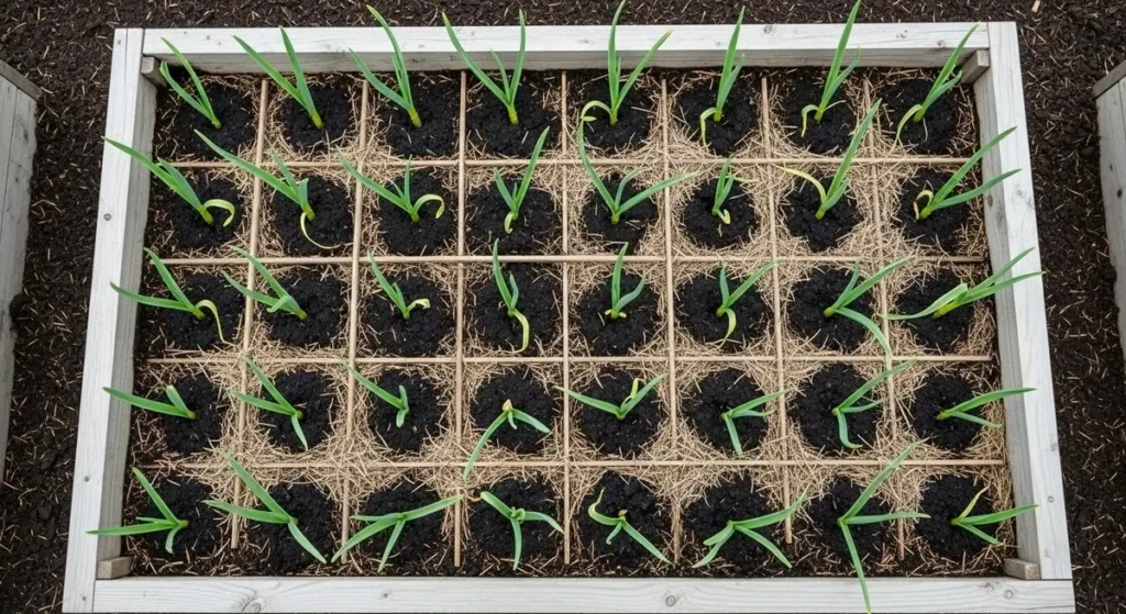 Proper garlic spacing layout in raised beds showing 4-6 inch measurement guidelines