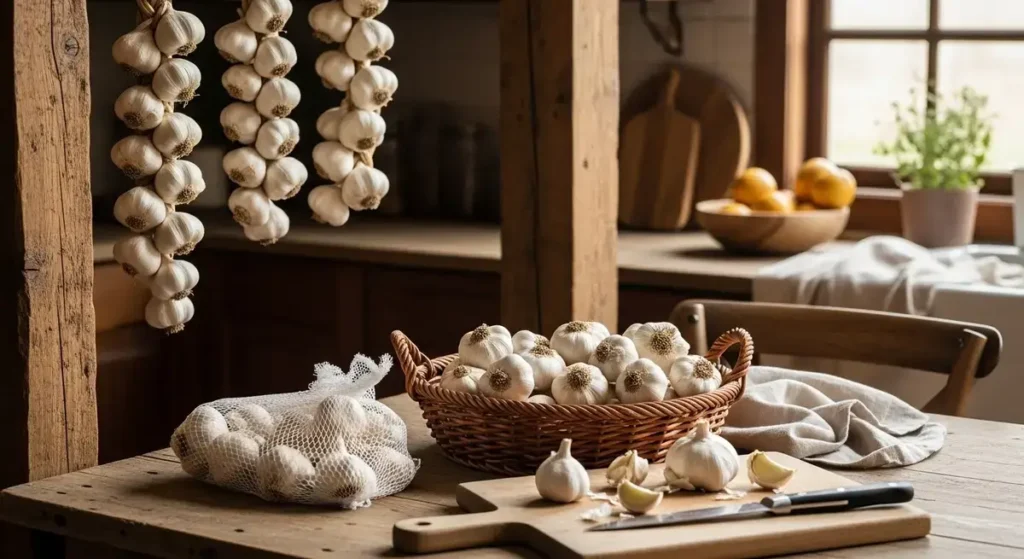 Different storage methods for various types of garlic including braided softneck and basket storage