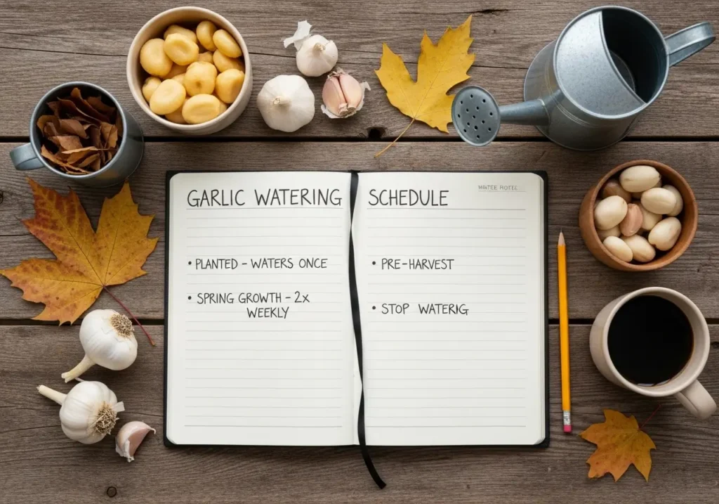 Garden journal showing seasonal schedule for watering garlic plants throughout growing season