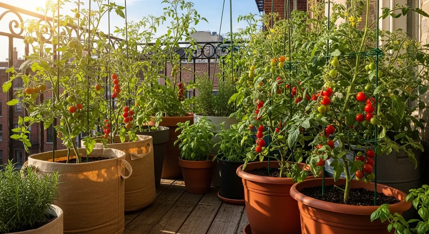Growing tomatoes in containers on sunny balcony with multiple pots and ripening fruit