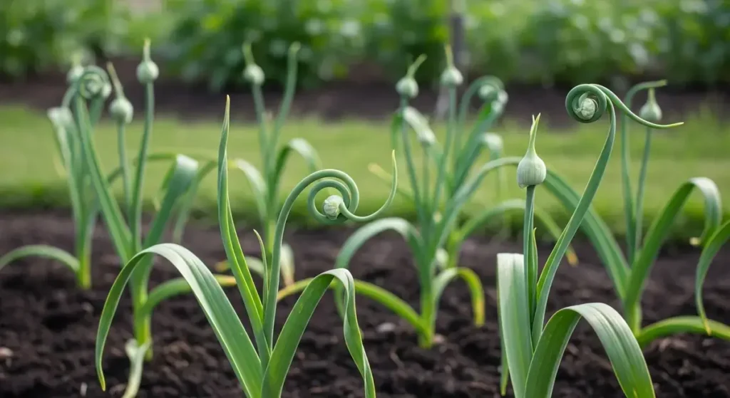 Hardneck types of garlic plants showing characteristic curly scapes in garden bed