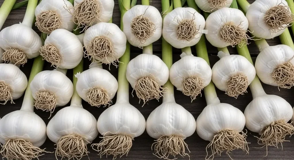 Final garlic growth stages harvest showing mature bulbs with papery wrappers and roots