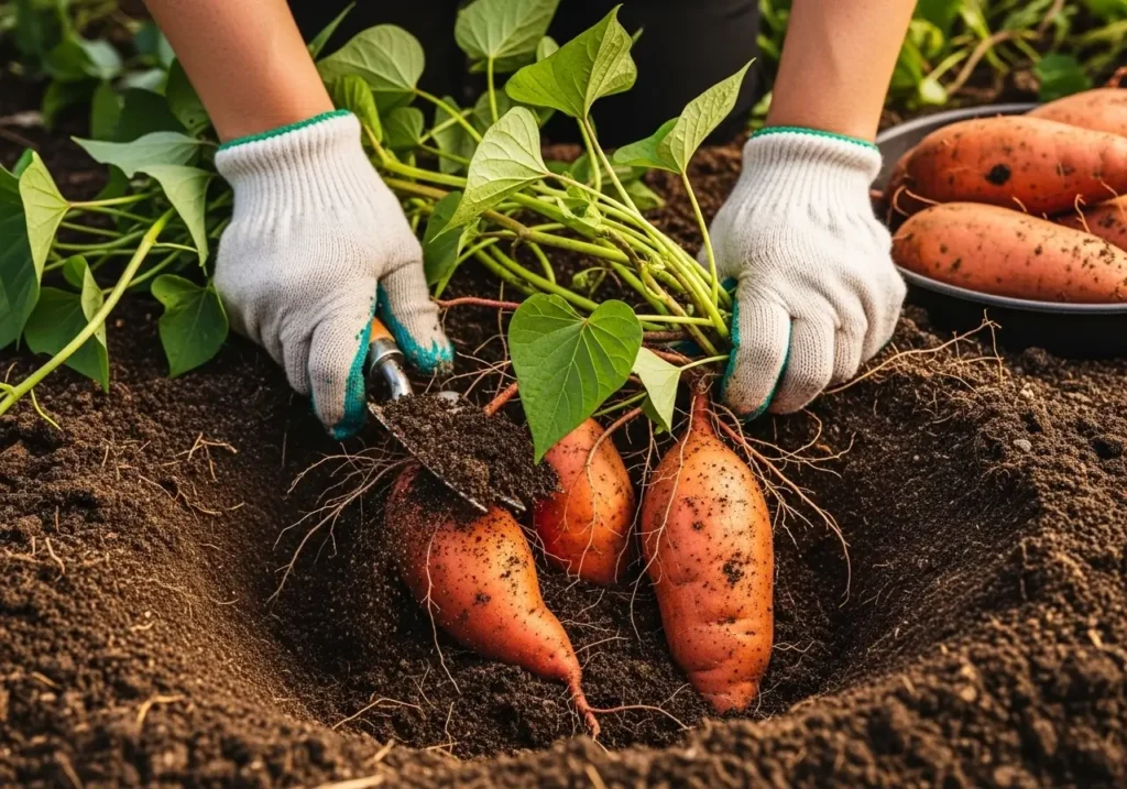 How to grow sweet potatoes harvest time with hands digging fresh sweet potatoes