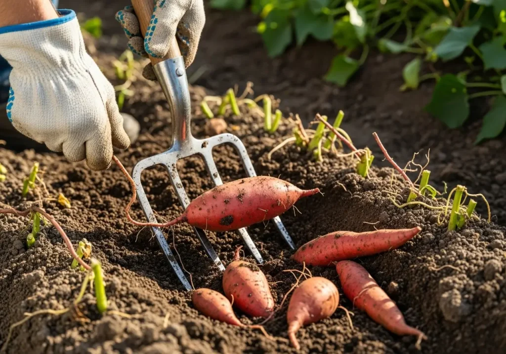 How to harvest sweet potatoes properly - digging fork technique in garden soil