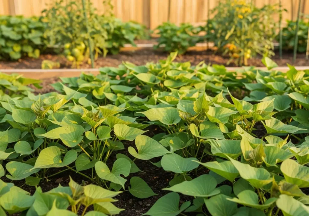 Thriving sweet potato plants in summer showing successful timing of when to plant sweet potatoes