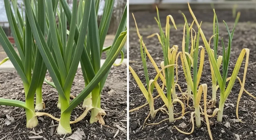 Garlic growth stages troubleshooting healthy versus unhealthy plant comparison guide