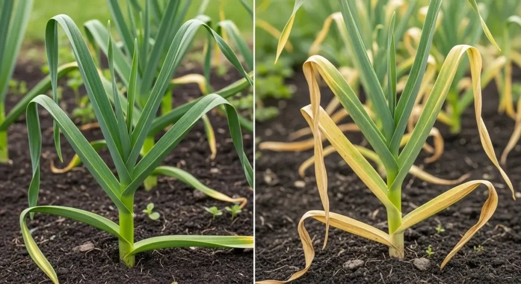 Fertilizing garlic properly versus poorly shown in healthy and nutrient deficient plants comparison