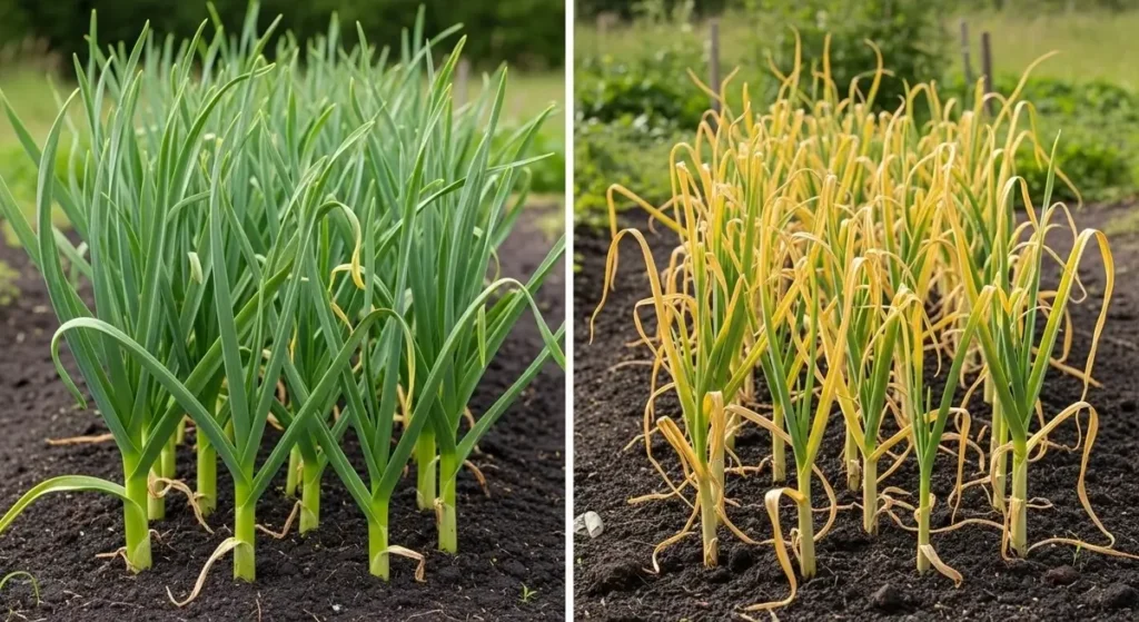 Healthy versus unhealthy garlic plants showing common garlic growing problems and solutions