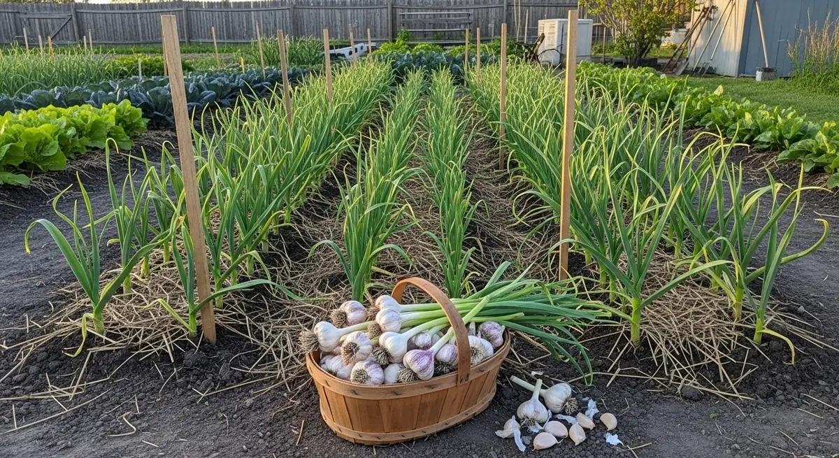 How to grow garlic - thriving garlic garden with harvest basket showing complete growing guide results
