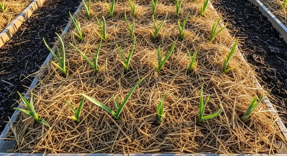 Mulching garlic for winter with straw showing proper depth and spacing around green shoots