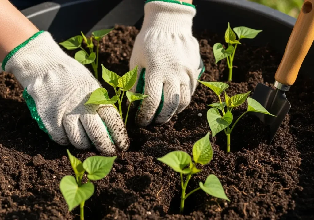 Planting sweet potato slips in containers showing proper technique for container gardening