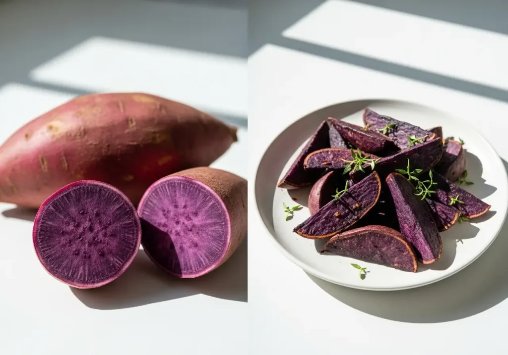 Purple types of sweet potatoes raw and cooked showing deep purple flesh color and antioxidant-rich varieties for home gardens