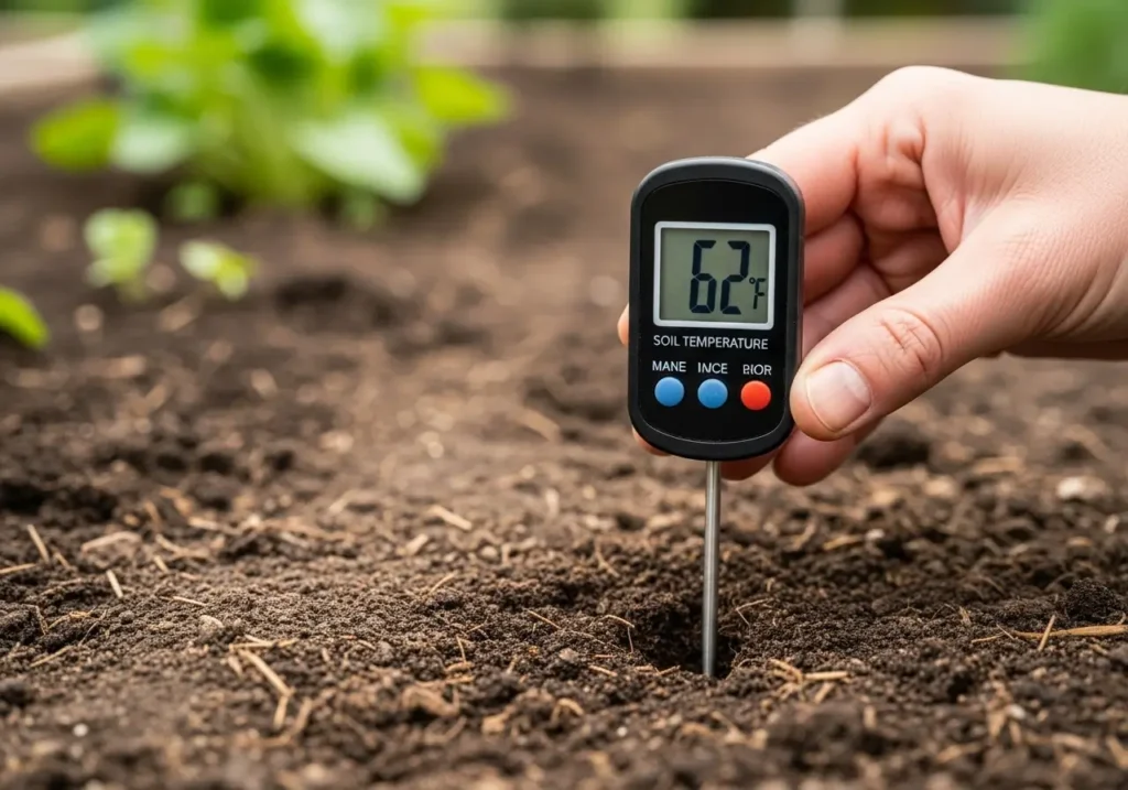 Digital soil thermometer showing 62°F temperature for when to plant sweet potatoes in garden bed