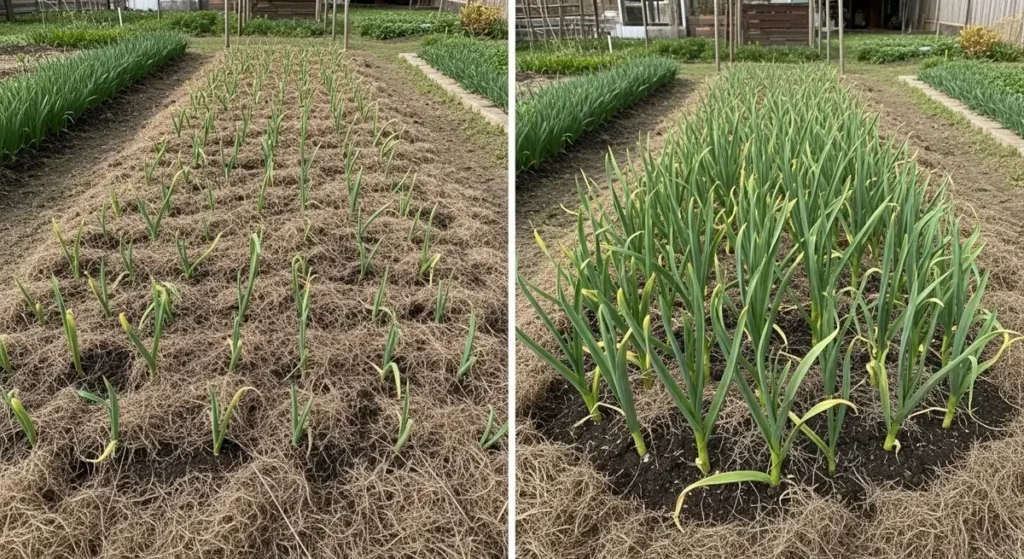 Spring mulch removal after mulching garlic for winter showing healthy growth and gradual pullback technique