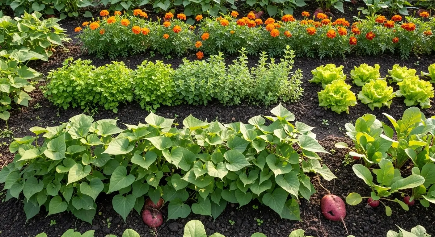 Sweet potato companion plants growing together in organized garden bed with herbs and flowers