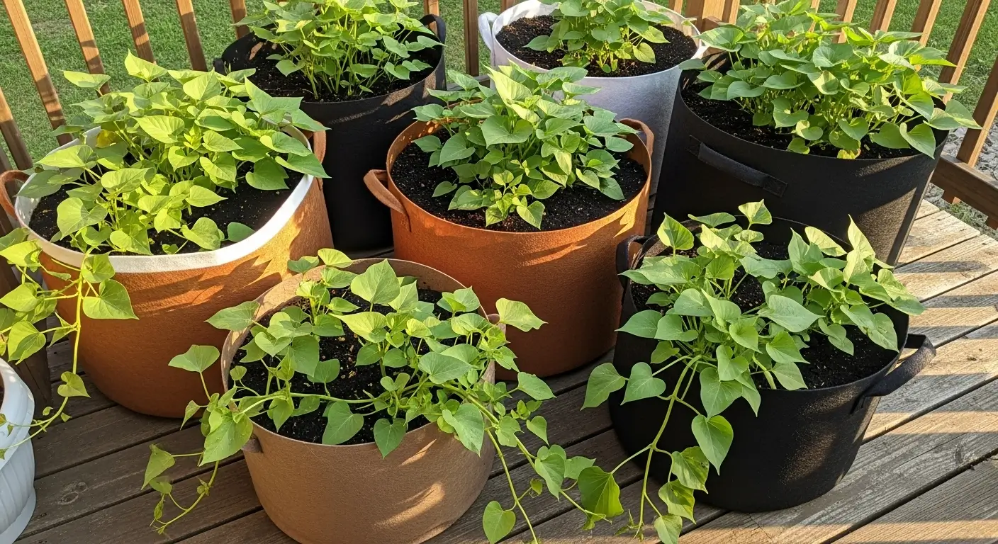 How to grow sweet potatoes in containers with large fabric pots on patio