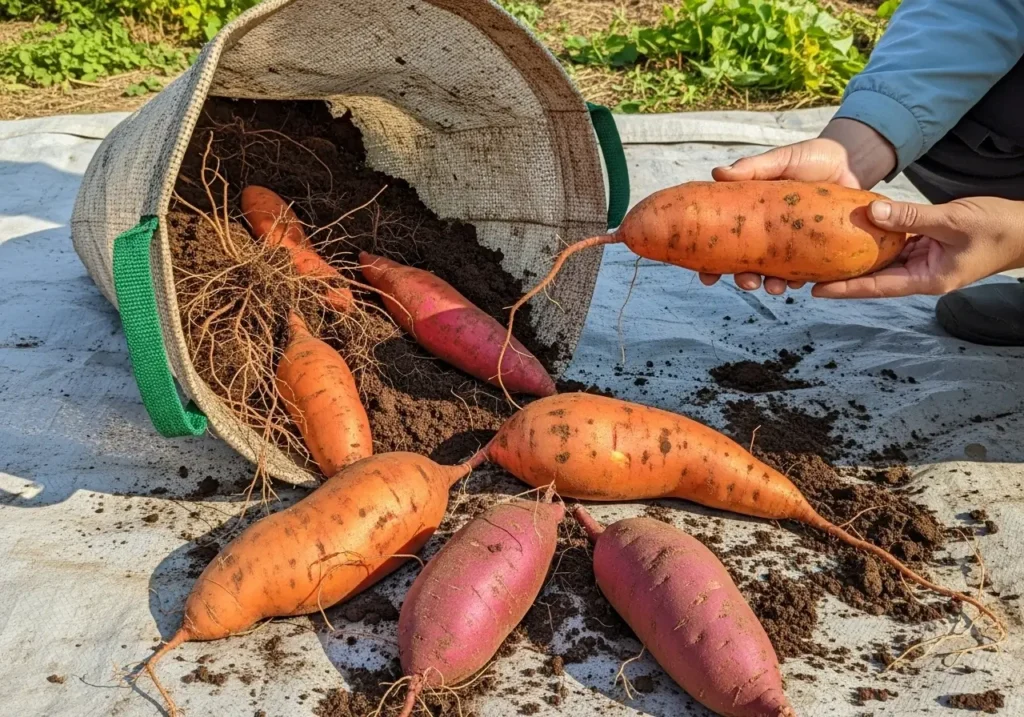 Sweet potato harvest from containers showing successful container gardening results