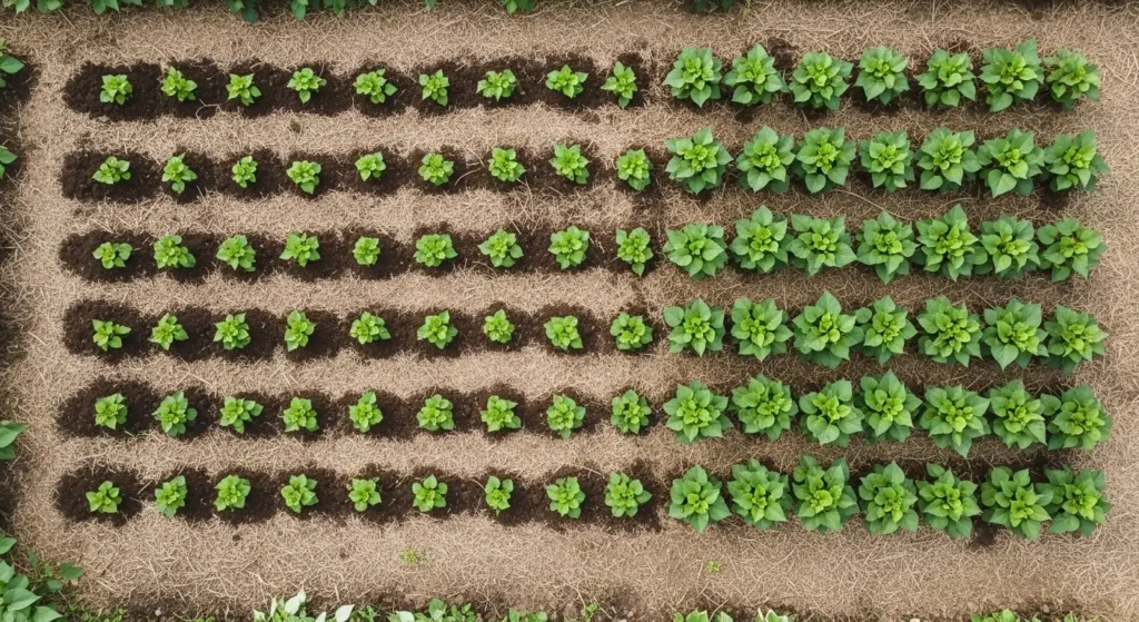 Well-spaced sweet potato garden showing proper plant spacing and planting depth results