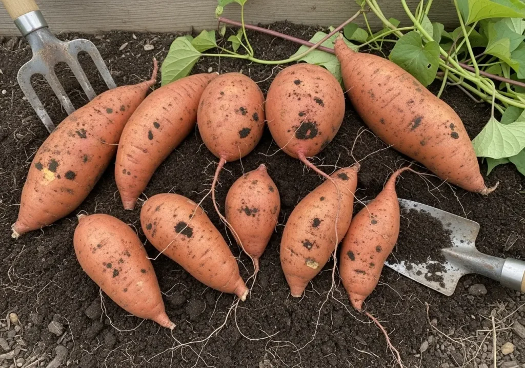 Successful harvest from planting sweet potatoes in raised beds showing multiple tubers