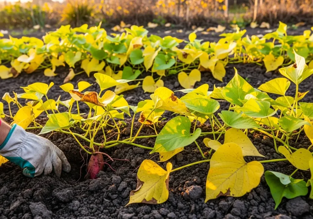 Signs when to harvest sweet potatoes - yellowing vines and exposed roots in garden