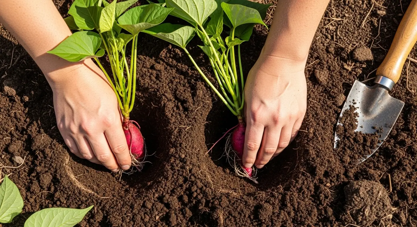 Hands demonstrating proper sweet potato planting depth with slips buried 4-6 inches in garden soil