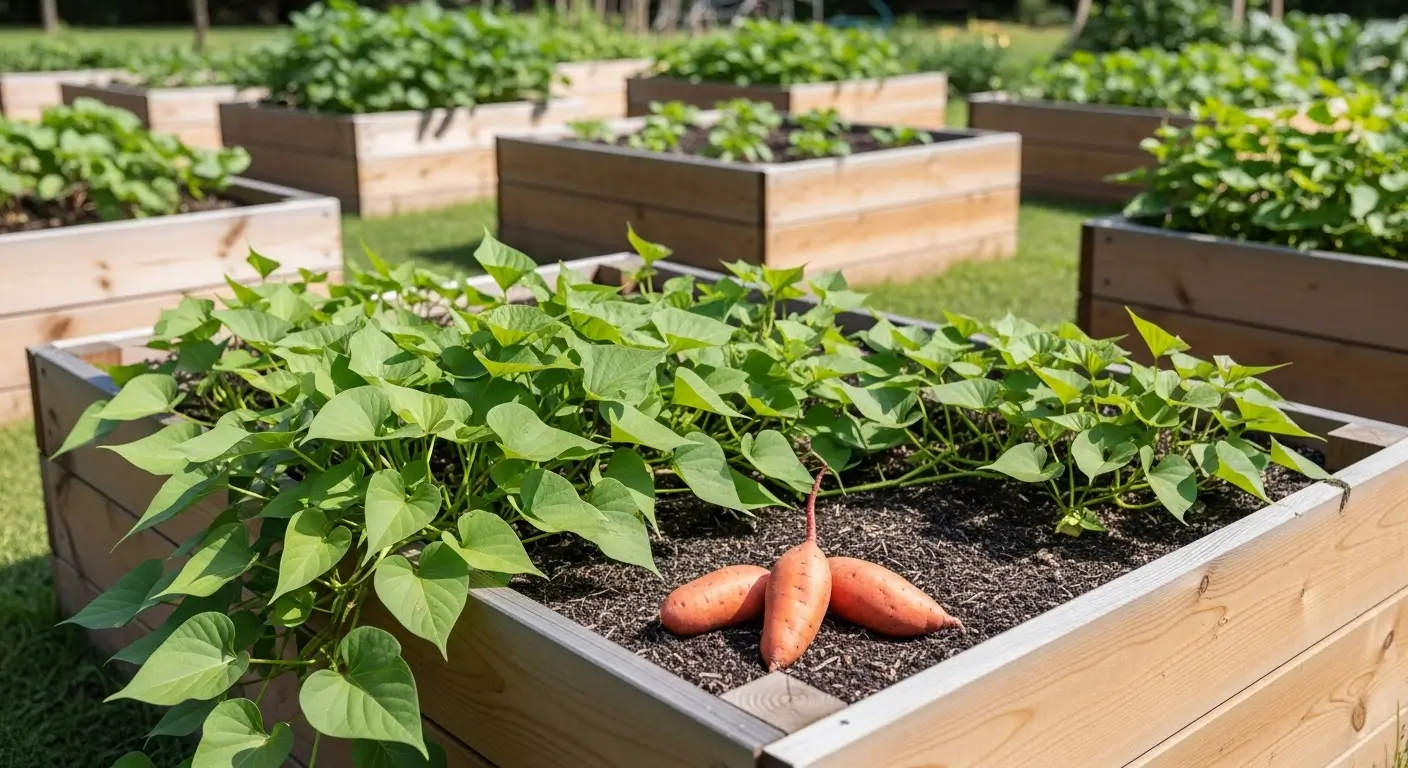 Planting sweet potatoes in raised beds with mature vines and harvest